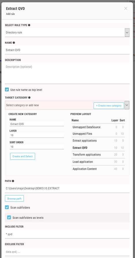 Click to view full size Adding the Extract QVD rule. Layer and Sort are both set to 10.