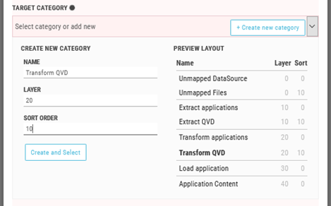Click to view full size Creating the Transform QVD category. Layer is set to 20, and Sort is set to 10.