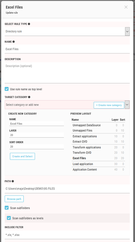 Click to view full size Adding an Excel Files category. Layer and Sort are both set to 20.