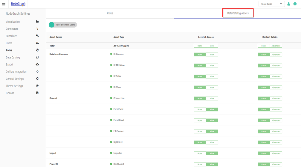 Click to view full size At the top right of the screen, Data Catalog Assets is selected. This brings up a menu listing Asset Owner, Asset Type, Level of Access, and Content Details.