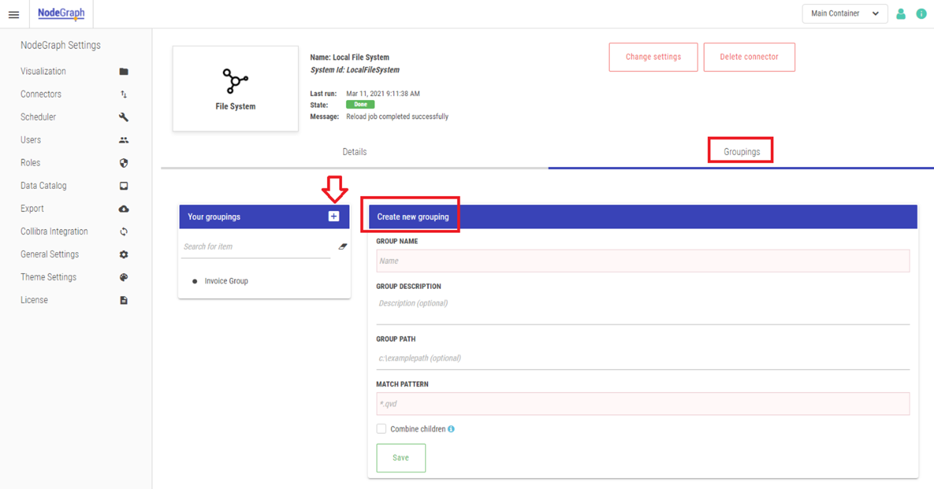 Click to view full size A connector's Groupings tab. The plus symbol beside Your groupings is highlighted.