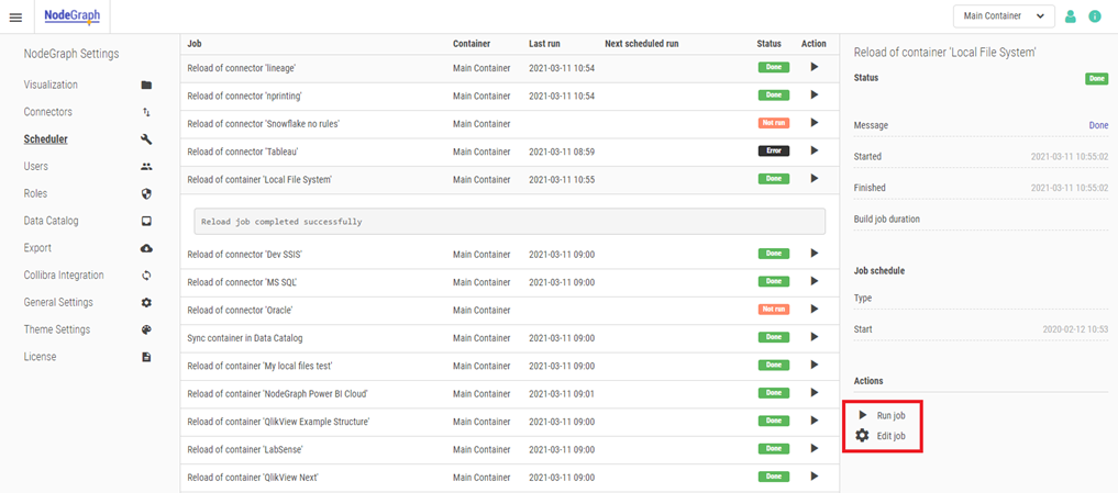 Click to view full size Selecting a job causes the Run job and Edit job options to appear in the right-side menu.