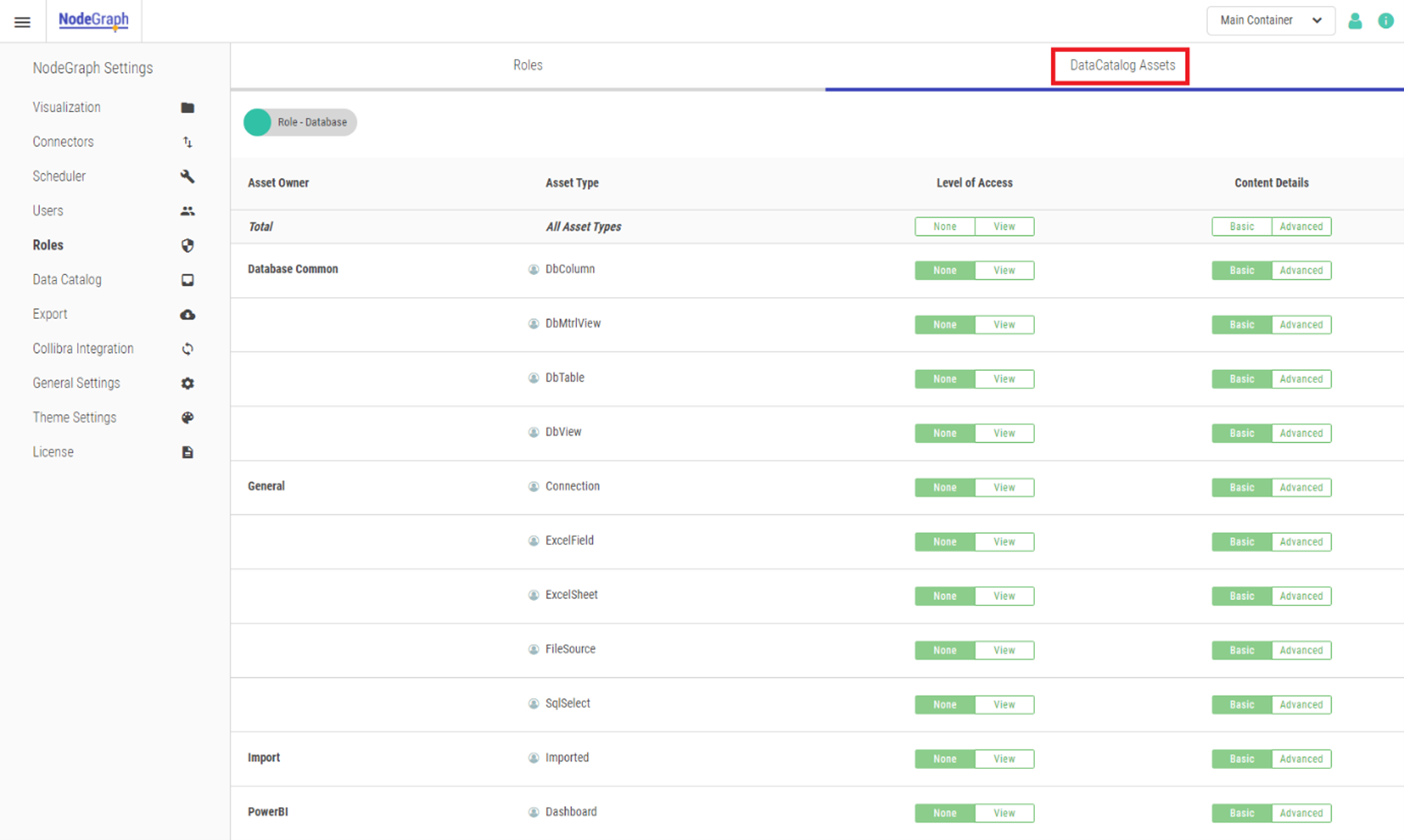 Click to view full size The DataCatalog Assets section of the Roles tab in NodeGraph Settings.