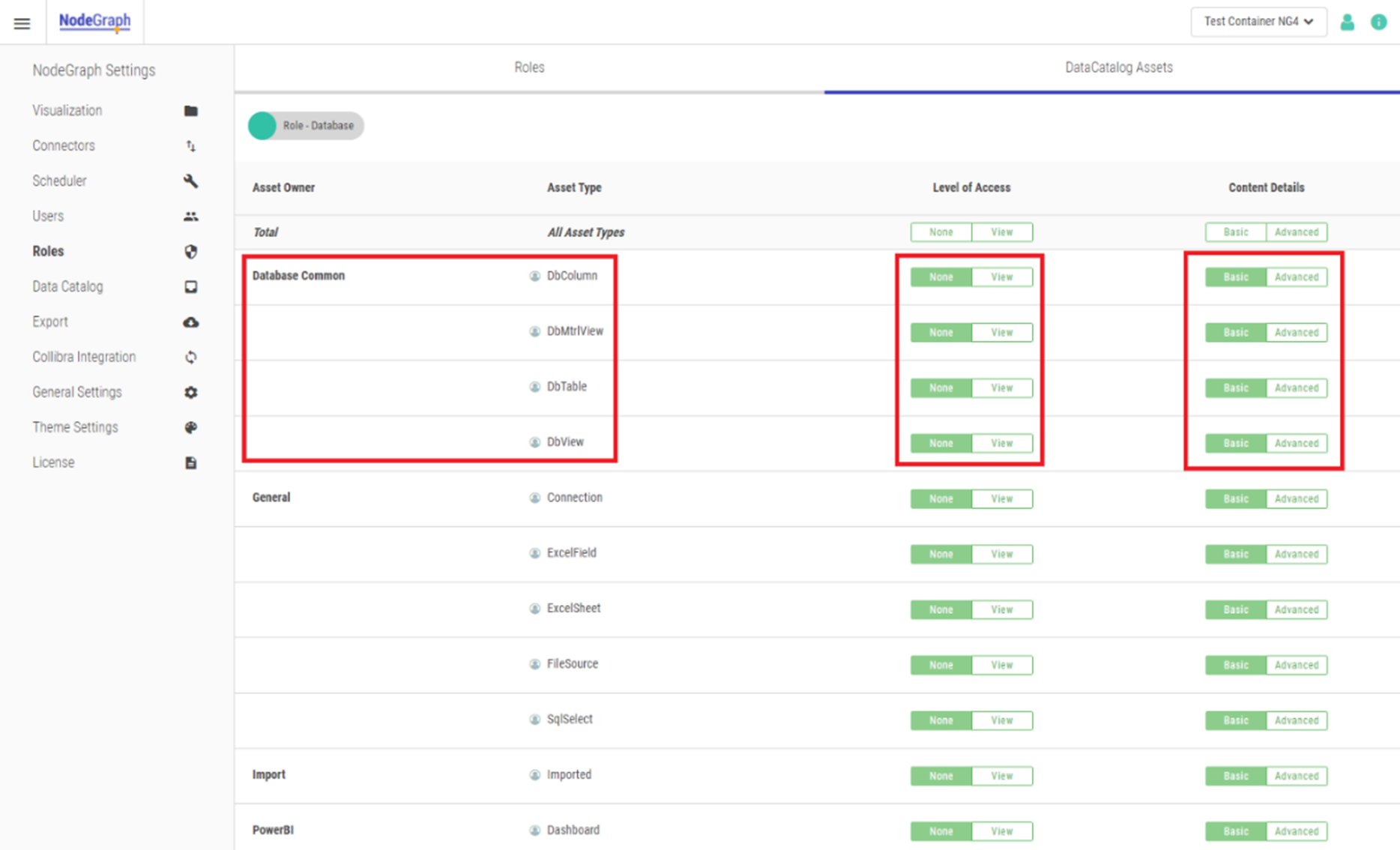 Click to view full size The Asset Owner, Asset Type, Level of Access, and Content Details columns. Level of Access can be set to None or View for each item, and Content Details can be set to Basic or Advanced for each item.