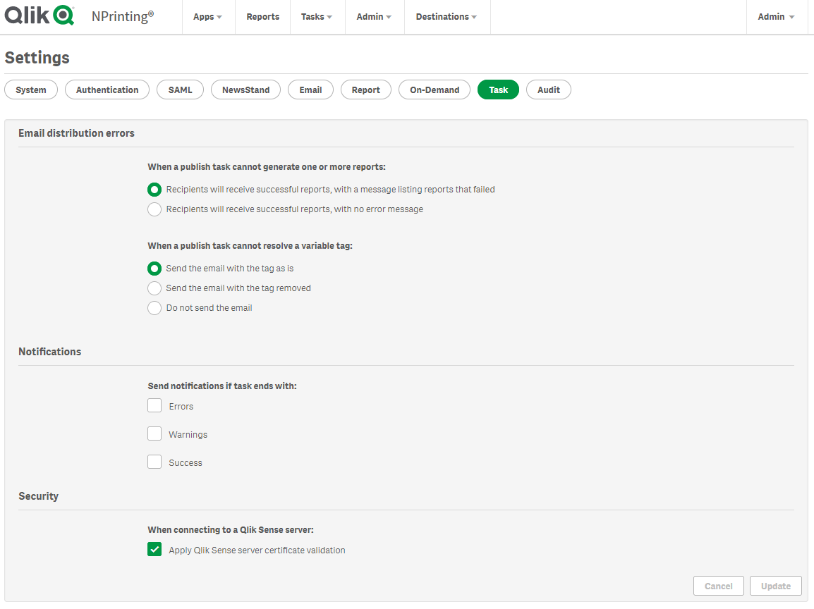 Click to view full size Task settings panel showing settings for notifications and security.