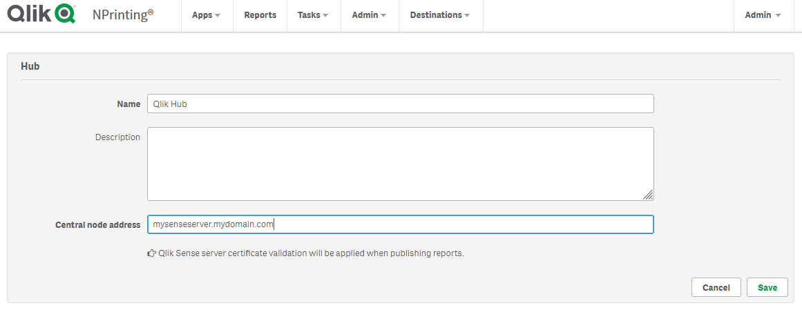 Click to view full size Dialog box of the Sense hub destination setup page with note at the bottom explaining that server certificate validation will be applied.