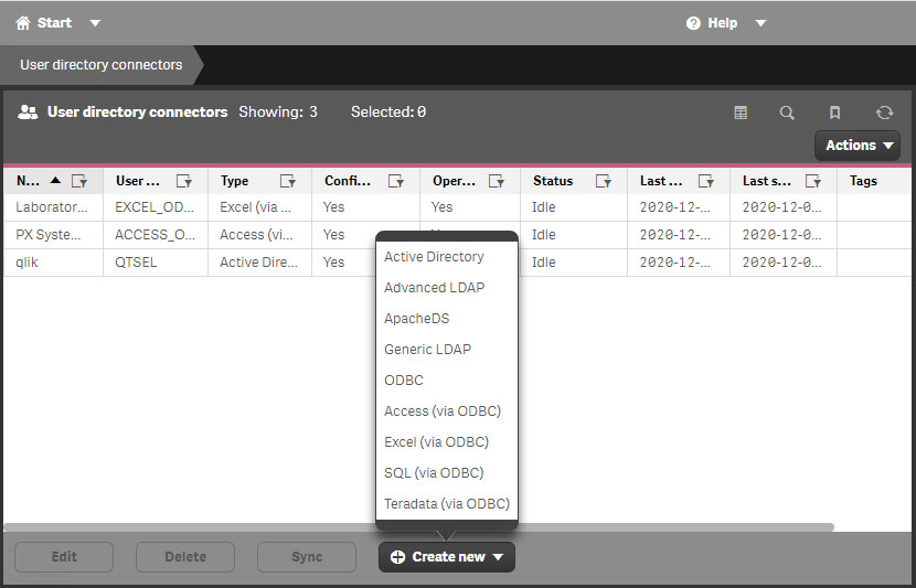 When creating a new user directory connector, choose between Active Directory, LDAP, Apache, and several ODBC alternatives.