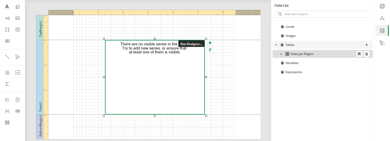 Haga clic para ver a tamaño completo Report template with a blank Chart object added, along with the 'Field List' menu expanded on the right side panel showing the data binding we will use to connect to the chart