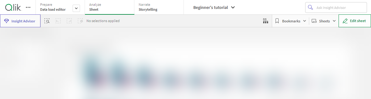 Haga clic para ver a tamaño completo Barra de navegación y barra de herramientas en Qlik Sense Enterprise.