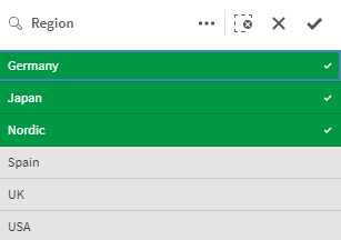 Haga clic para ver a tamaño completo Panel de filtrado con tres valores seleccionados.