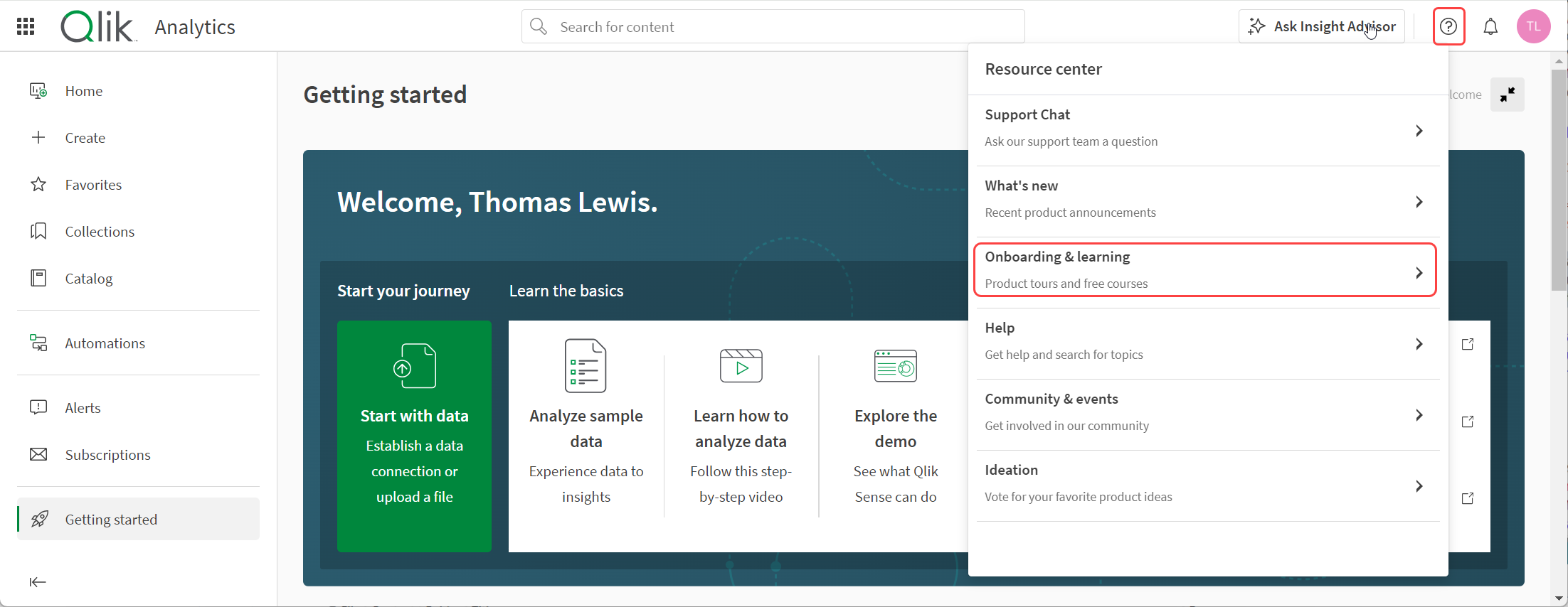 Fare clic per visualizzare a dimensioni complete Avvia il tour di benvenuto di Qlik Cloud