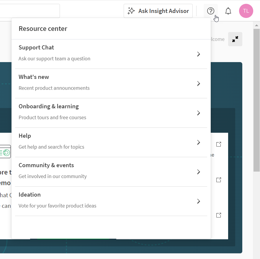 Fare clic per visualizzare a dimensioni complete Il menu Centro risorse in Qlik Cloud