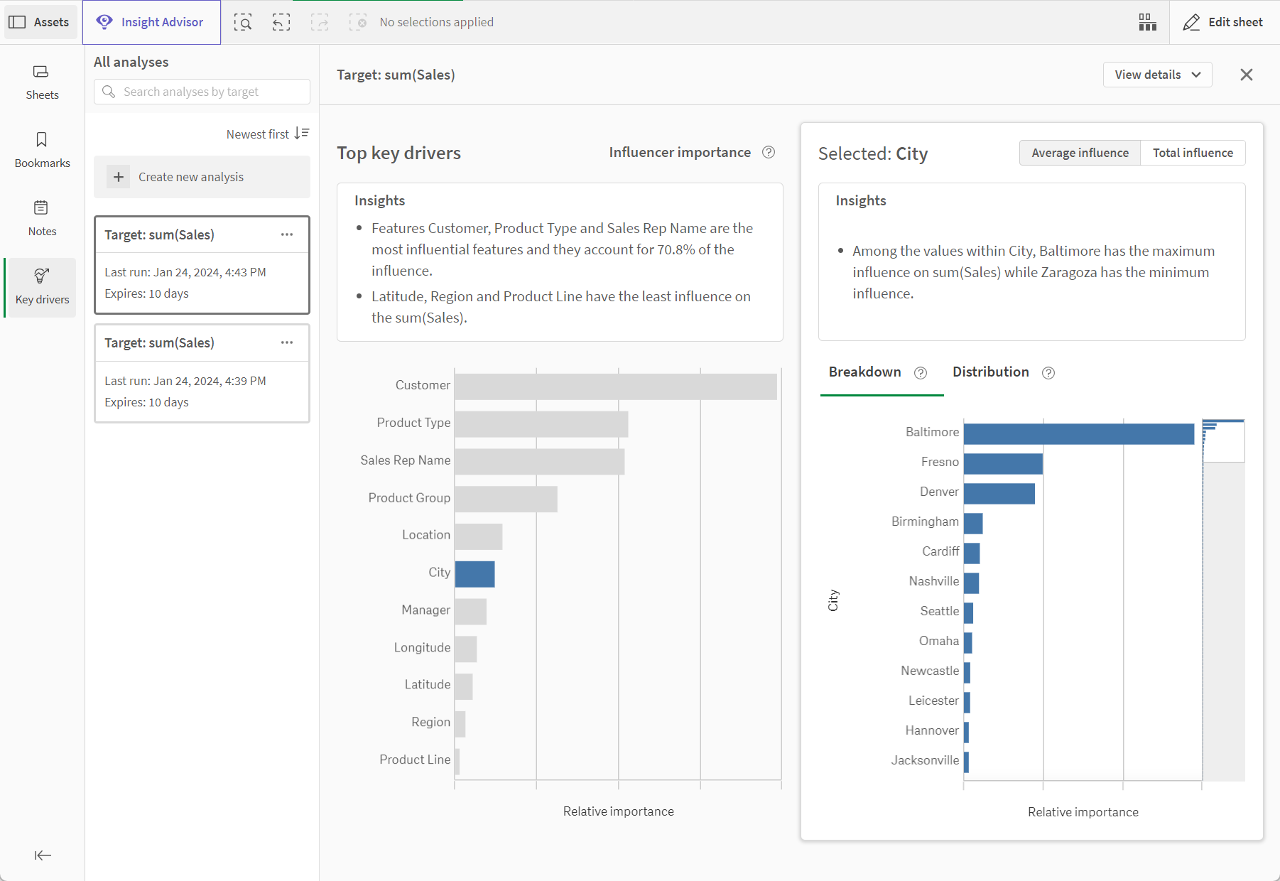 Fare clic per visualizzare a dimensioni complete Analisi fattori chiave in un'app Qlik Sense
