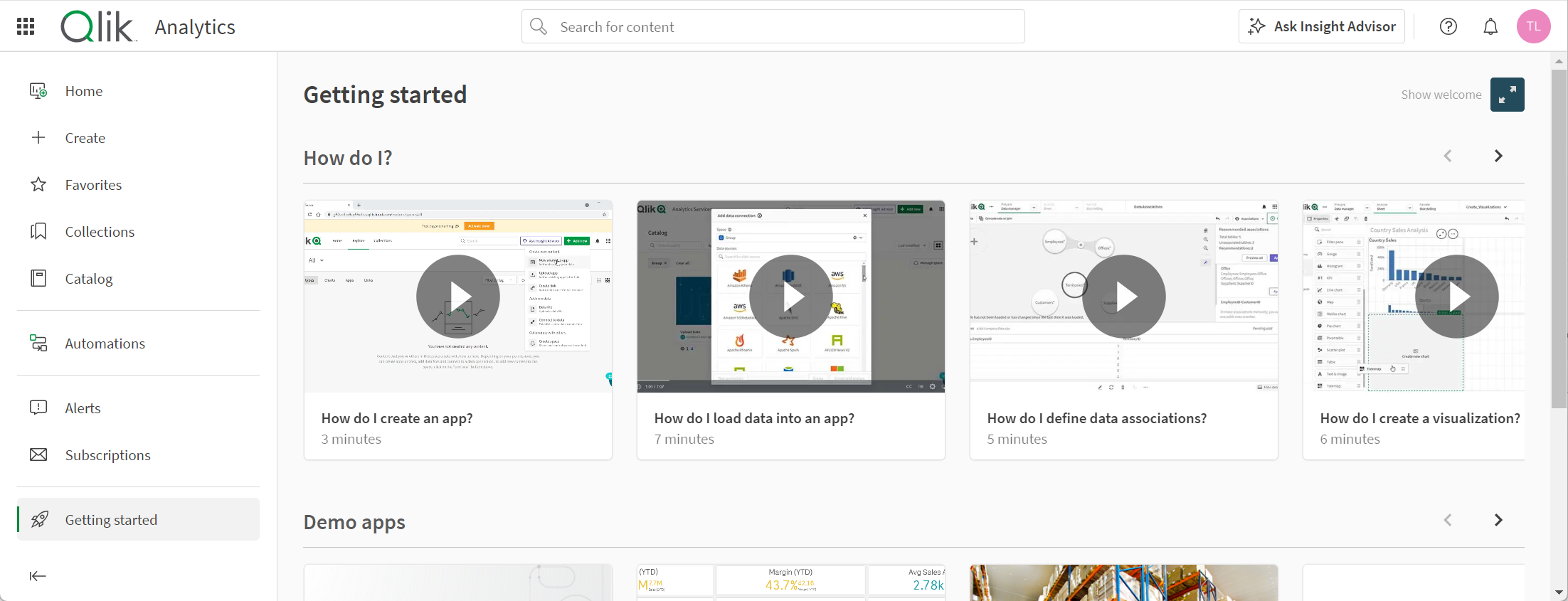 Fare clic per visualizzare a dimensioni complete Schermata dell'hub Qlik Cloud con i video che spiegano come utilizzare le diverse funzioni dei Servizi di analisi.