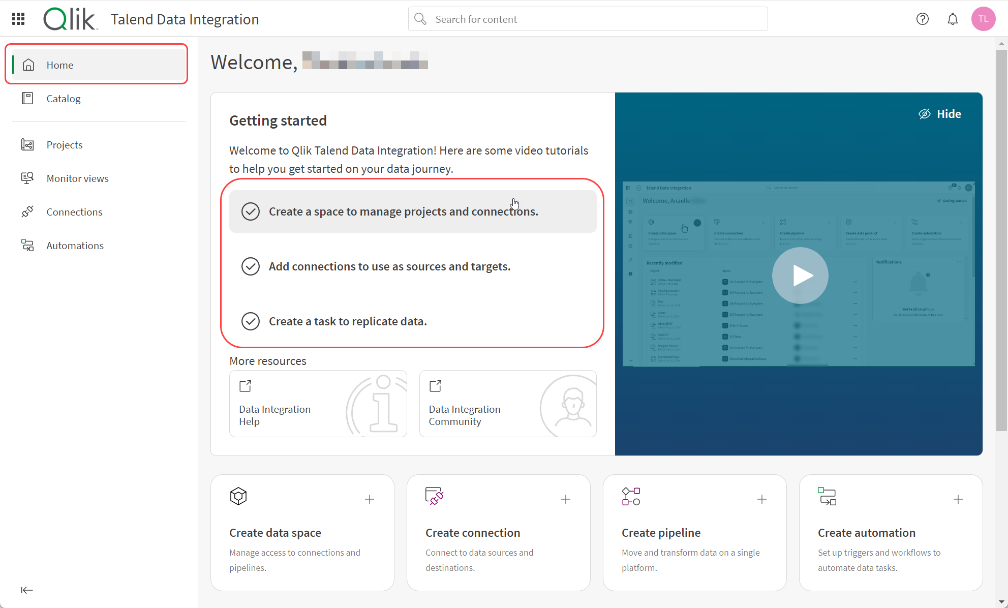 Fare clic per visualizzare a dimensioni complete Schermata dell'hub Qlik Cloud con i video che spiegano come utilizzare le diverse funzioni di Integrazione dati.