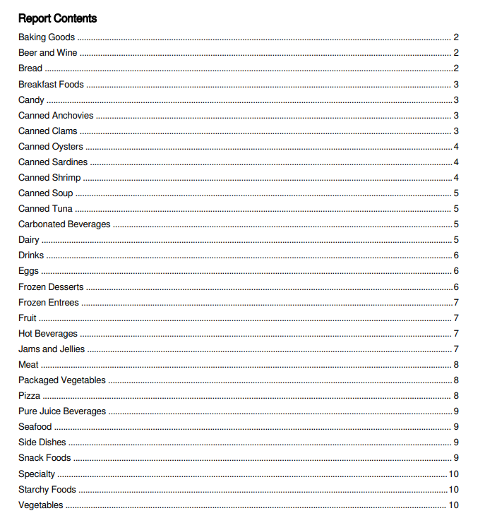 Fare clic per visualizzare a dimensioni complete Sample report showing a table of contents, with an entry in the list for each product group