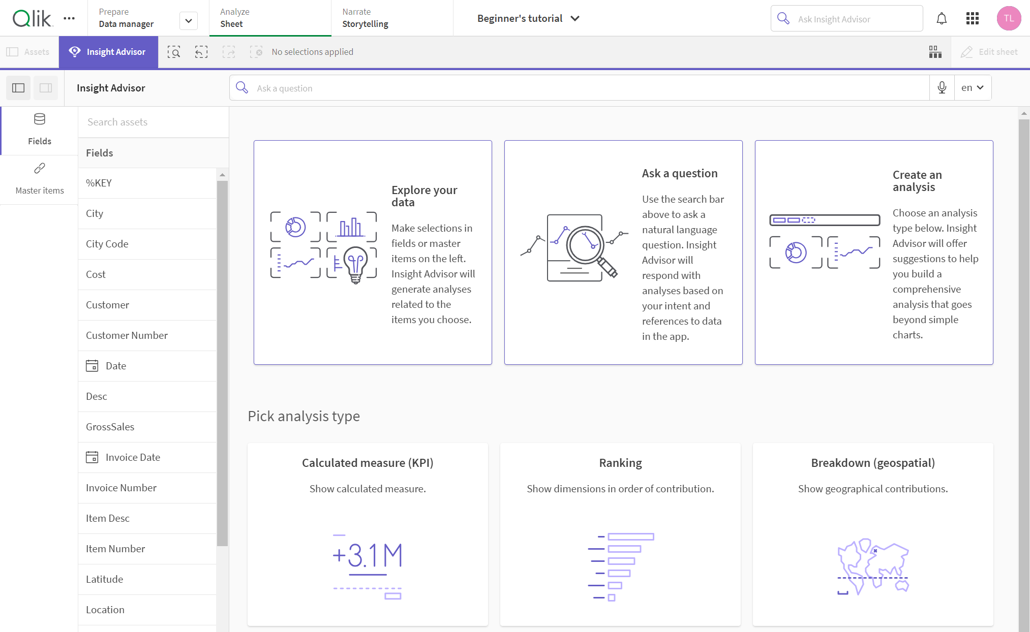 Klik om op volledige grootte te bekijken De knop Insight Advisor voor het openen van Insight Advisor.
