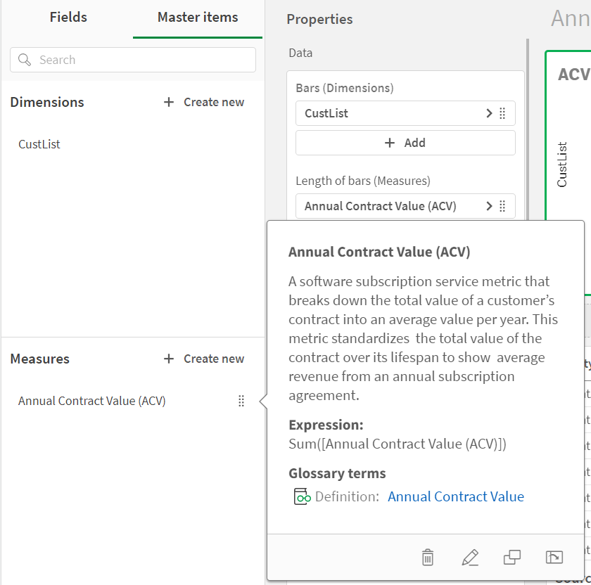 Kliknij, aby wyświetlić pełny rozmiar Wybrana jest miara główna Annual Contract Value, pokazująca definicję pojęcia Annual Contract Value z definicji terminu w słowniku.