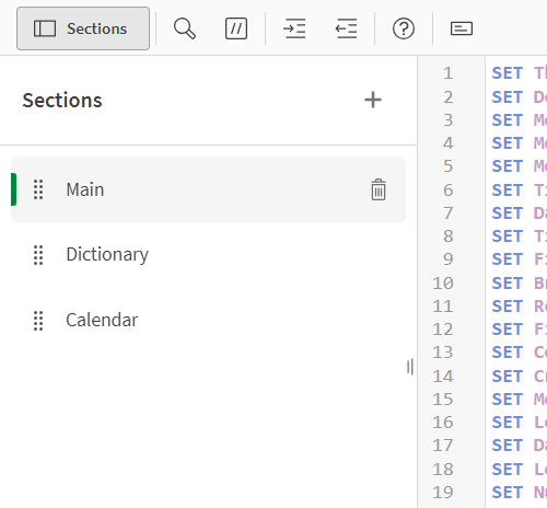 Clique para ver em tamanho grande Seções no editor de carregamento de dados.