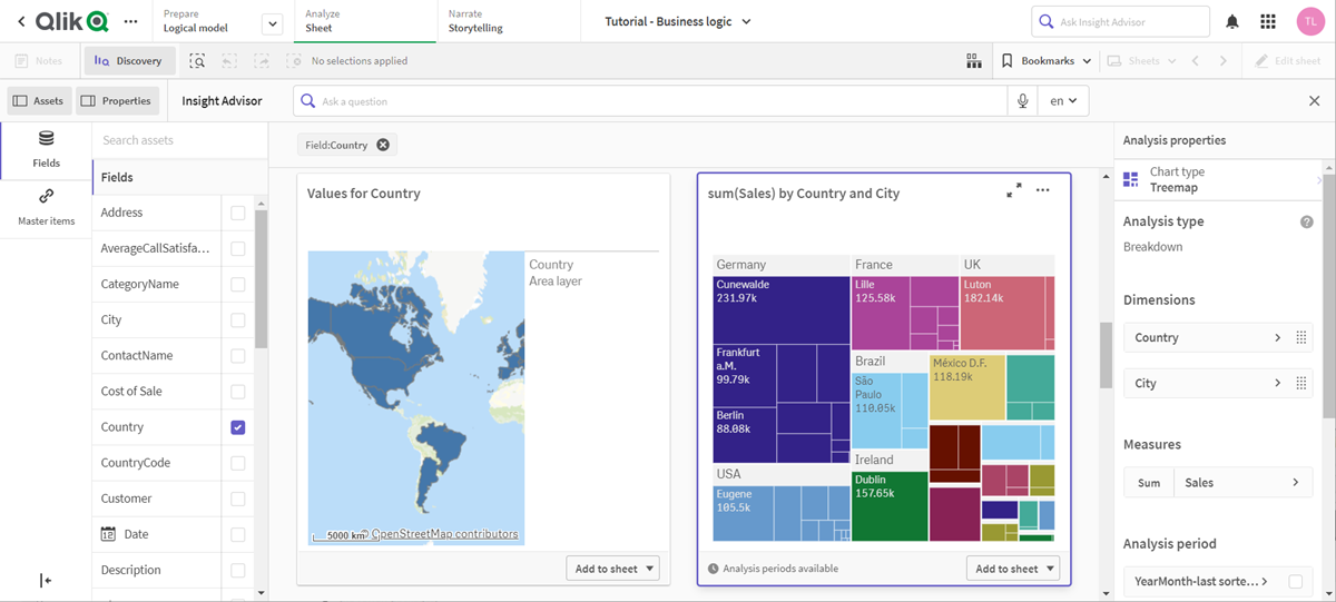 Нажмите для просмотра в полном размере Результаты Insight Advisor для выбора Country.