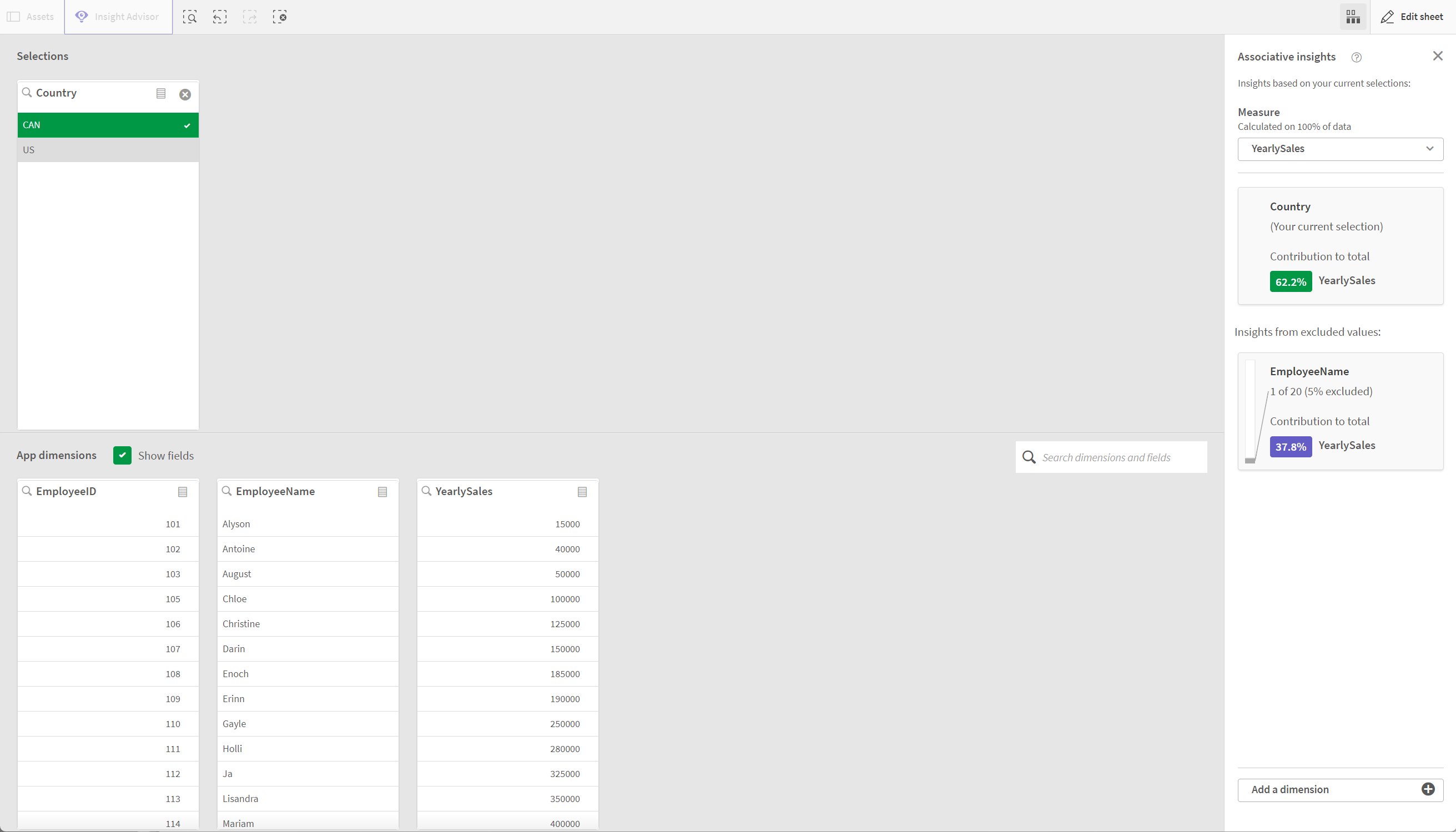 Нажмите для просмотра в полном размере Associative Insights с одной выборкой