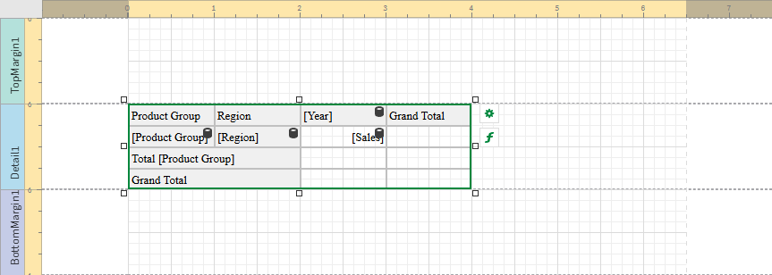 Klicka för att visa i full storlek Report template showing the Cross Tab object after the object has been connected to the data binding. In this case, there are placeholder columns for headers, content, and automated totals
