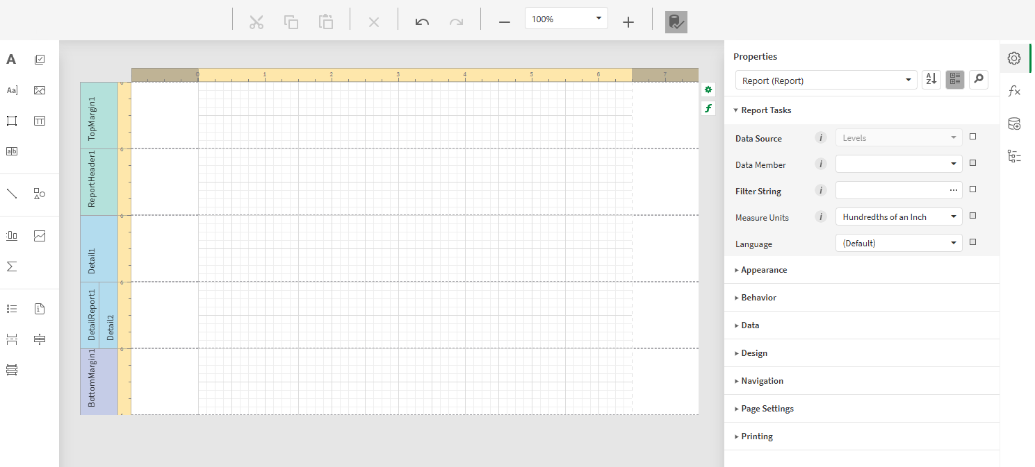 Klicka för att visa i full storlek An image of the PixelPerfect designer, showing all elements that need to be mentioned, such as the design surface, toolbar, toolbox panel (left side), and the right side panel (in this case, Properties are expanded)