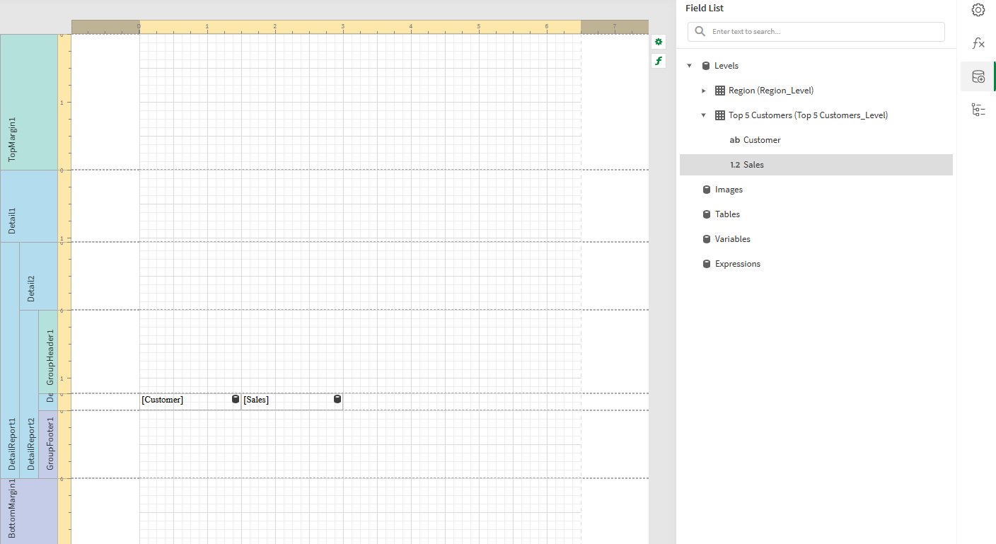 Klicka för att visa i full storlek Template showing two labels, for Customer and Sales fields, in the Detail3 band. These labels are populated with data when the report is generated