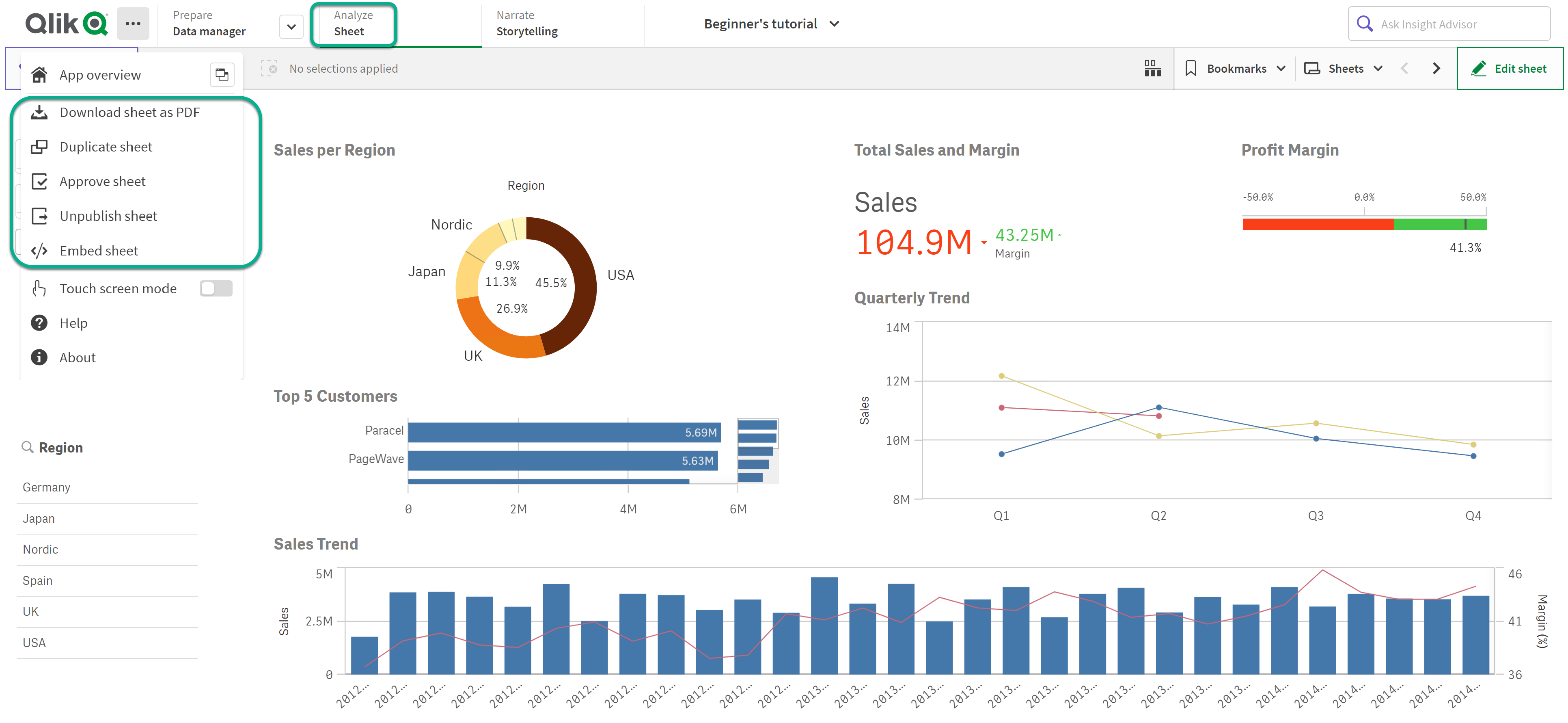 单击以查看完整尺寸 Qlik Sense Enterprise 中工作表的全局菜单。